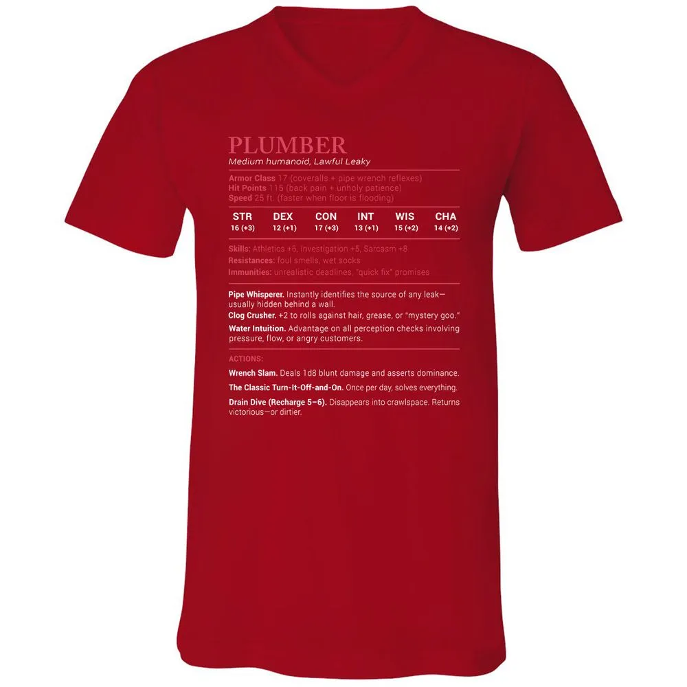 Plumber Stats Unisex V-Neck T-Shirt - Red - 3