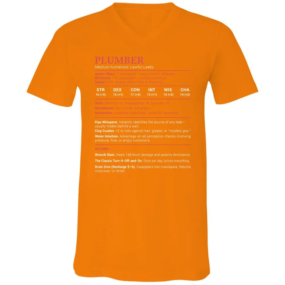Plumber Stats Unisex V-Neck T-Shirt - Orange - 11