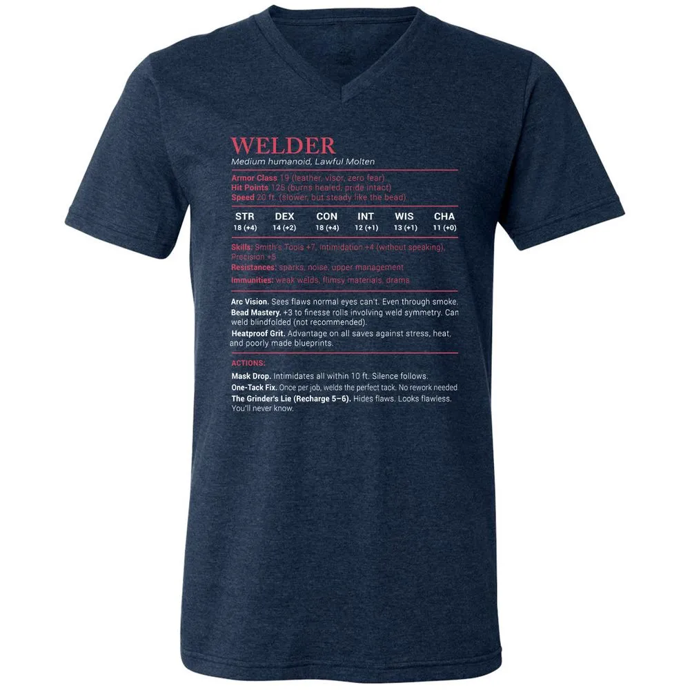 Welder Stats Unisex V-Neck T-Shirt - Heather Navy - 15