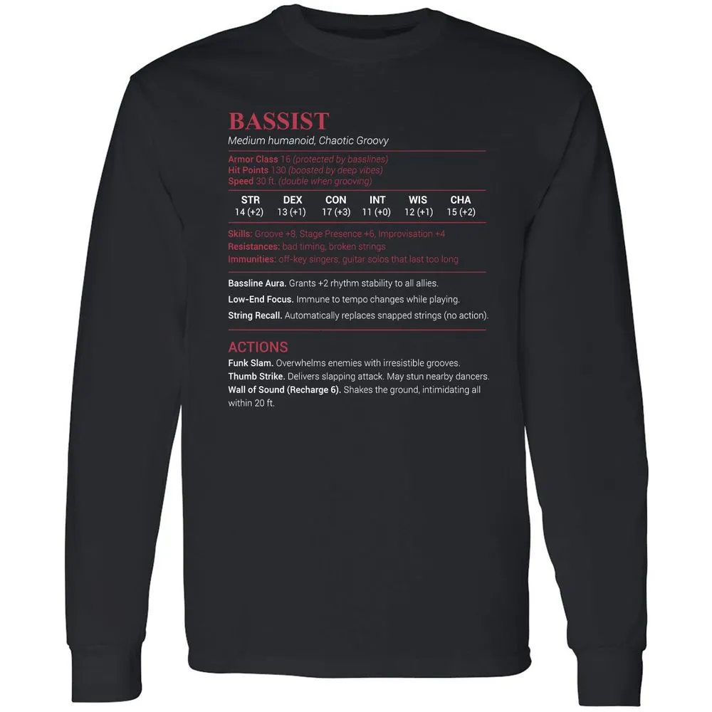 Bassist Stats Long Sleeve T-Shirt - Black - 1