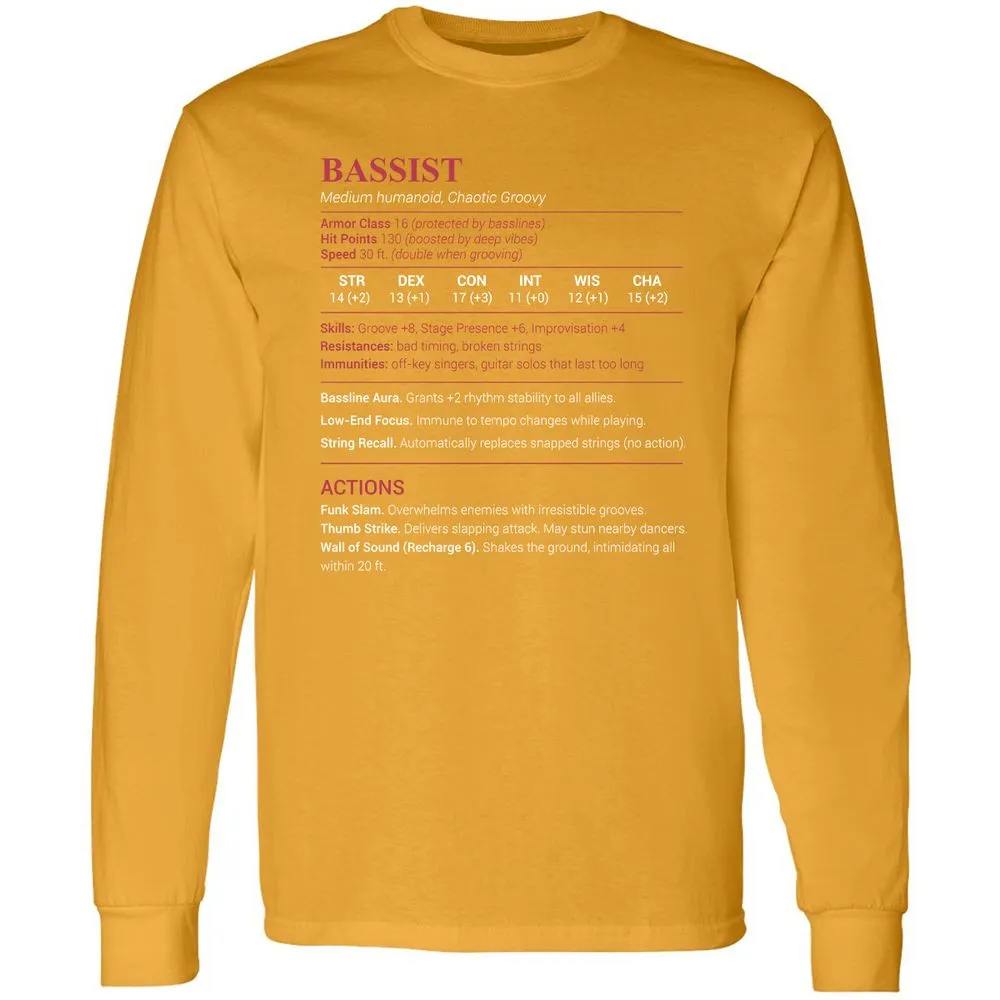 Bassist Stats Long Sleeve T-Shirt - Gold - 9