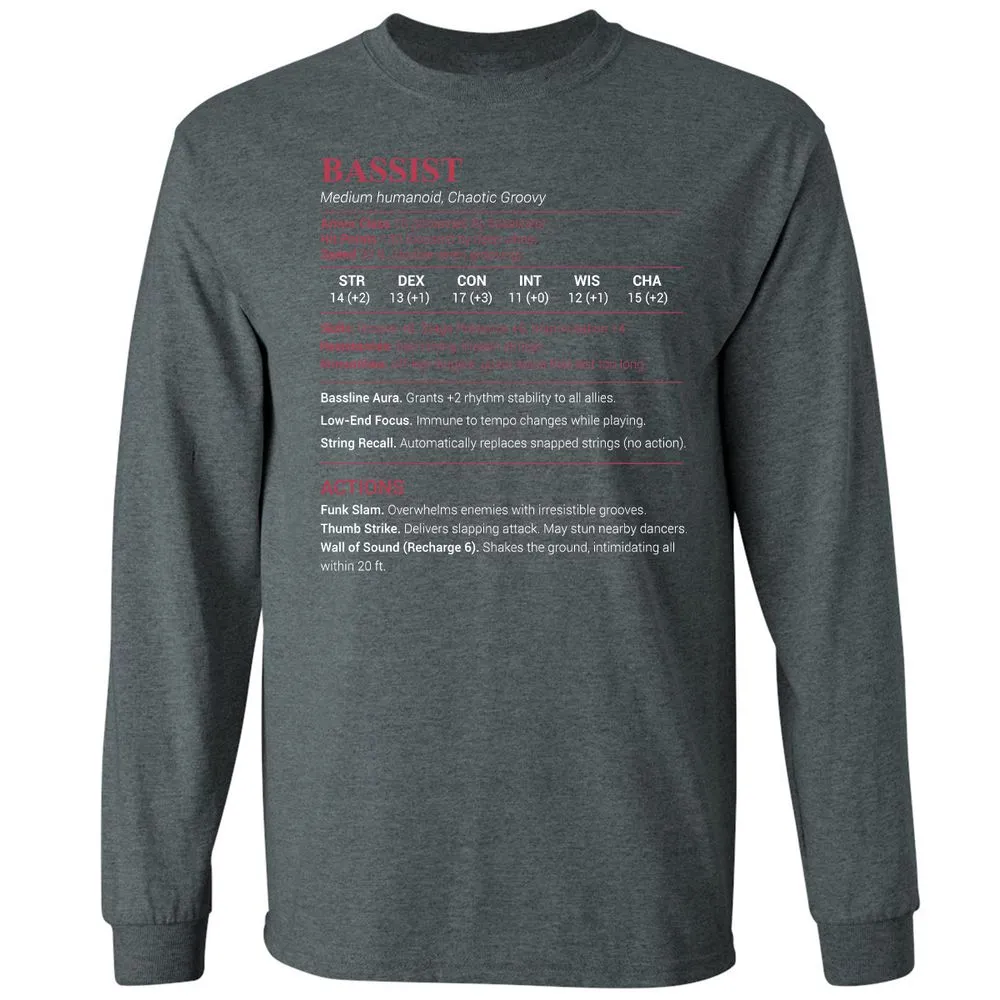 Bassist Stats Long Sleeve T-Shirt - Dark Heather - 15