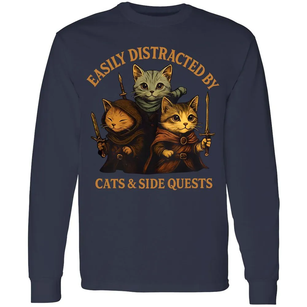 Easily Distracted By Cats & Side Quests Long Sleeve T-Shirt - Navy - 2