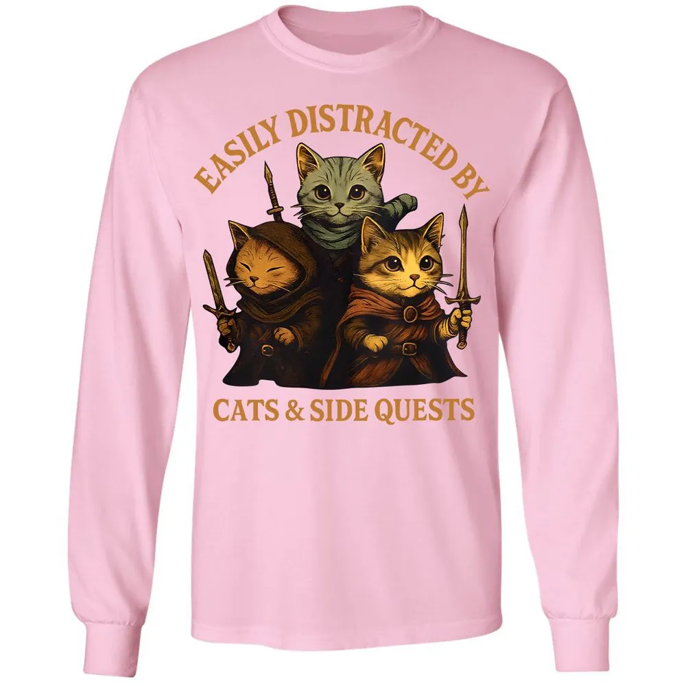 Easily Distracted By Cats & Side Quests Long Sleeve T-Shirt - Light Pink - 3