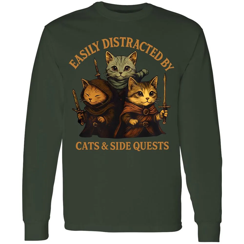 Easily Distracted By Cats & Side Quests Long Sleeve T-Shirt - Forest Green - 4