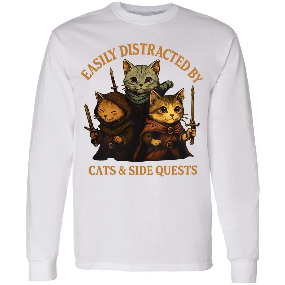 Easily Distracted By Cats & Side Quests Long Sleeve T-Shirt - White - 5