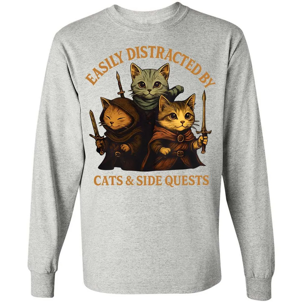 Easily Distracted By Cats & Side Quests Long Sleeve T-Shirt - Ash - 7
