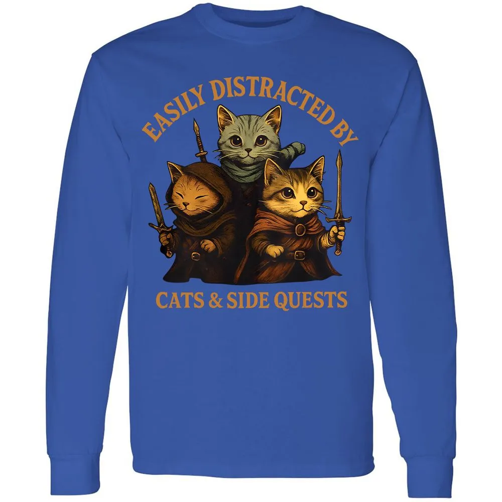 Easily Distracted By Cats & Side Quests Long Sleeve T-Shirt - Royal - 8