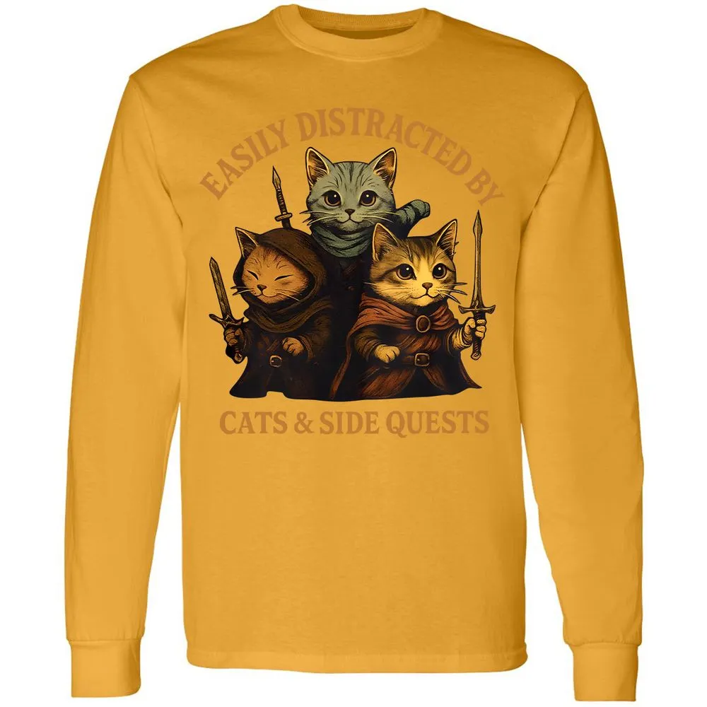 Easily Distracted By Cats & Side Quests Long Sleeve T-Shirt - Gold - 9
