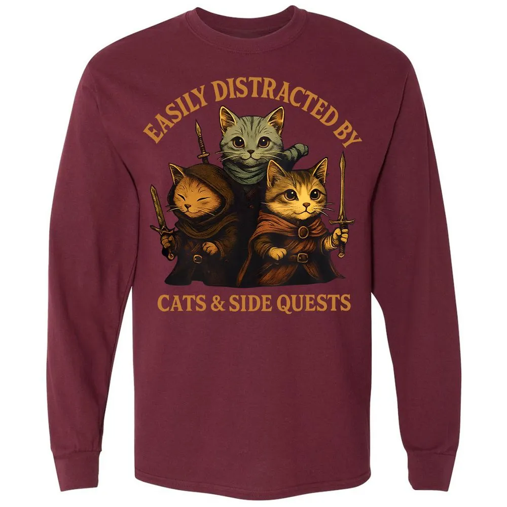 Easily Distracted By Cats & Side Quests Long Sleeve T-Shirt - Maroon - 11