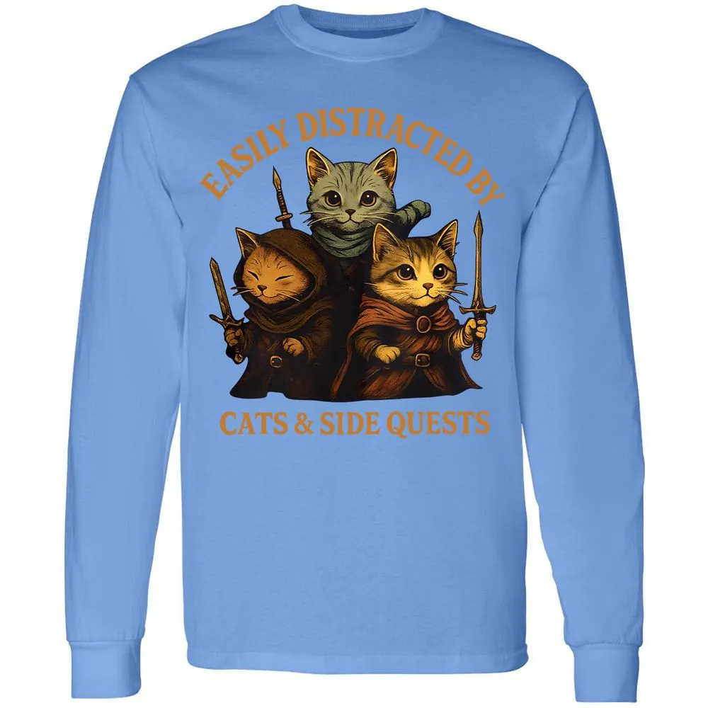 Easily Distracted By Cats & Side Quests Long Sleeve T-Shirt - Carolina Blue - 12