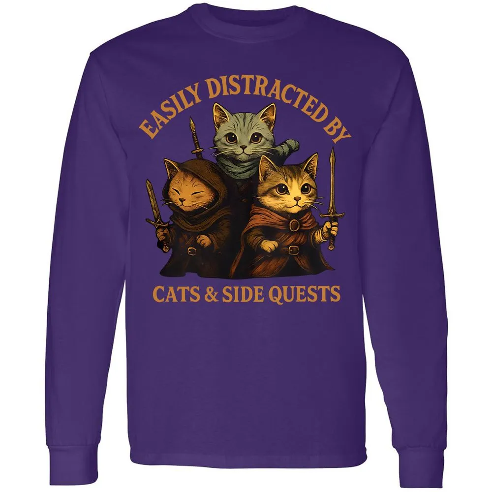 Easily Distracted By Cats & Side Quests Long Sleeve T-Shirt - Purple - 13