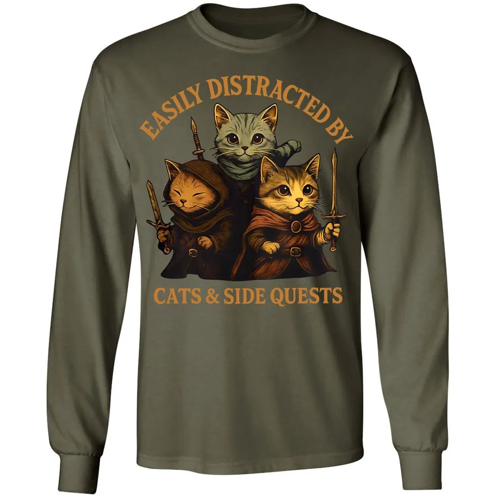 Easily Distracted By Cats & Side Quests Long Sleeve T-Shirt - Military Green - 16
