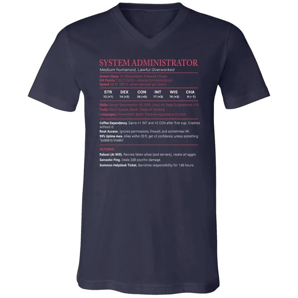System Administrator Stats Unisex V-Neck T-Shirt - Navy - 2