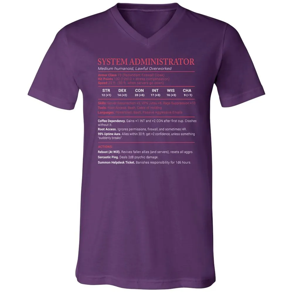 System Administrator Stats Unisex V-Neck T-Shirt - Team Purple - 9