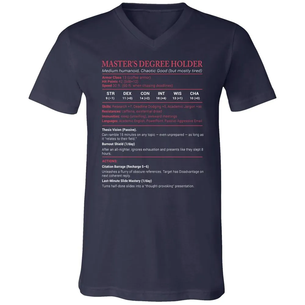 Master Degree's Holder Stats Unisex V-Neck T-Shirt - Navy - 2