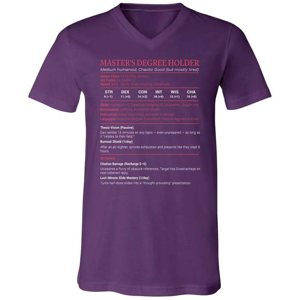 Master Degree's Holder Stats Unisex V-Neck T-Shirt - Team Purple - 9