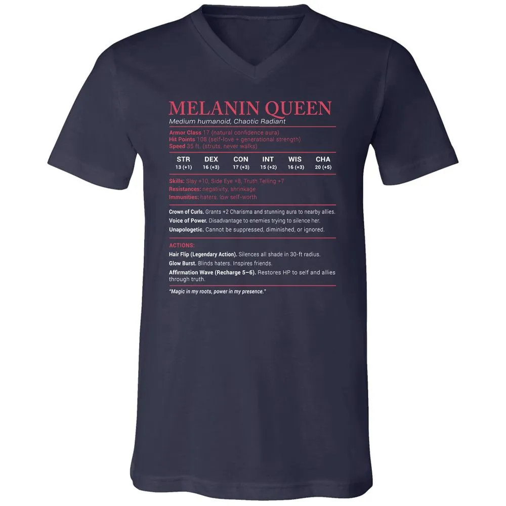 Melanin Queen Stats Unisex V-Neck T-Shirt - Navy - 2
