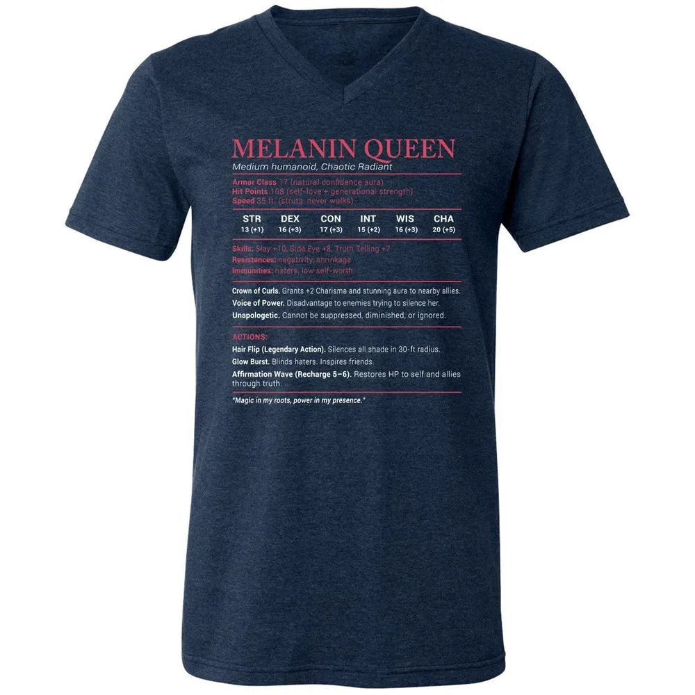 Melanin Queen Stats Unisex V-Neck T-Shirt - Heather Navy - 15