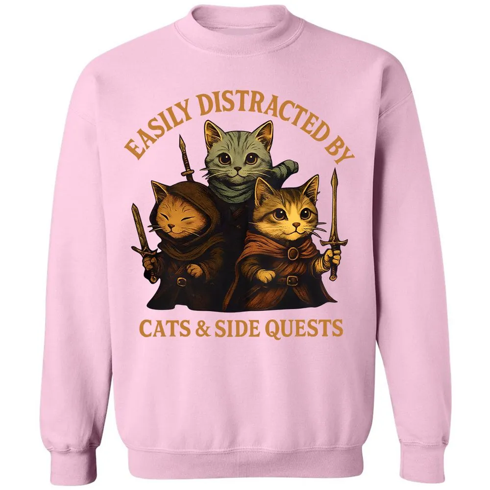 Easily Distracted By Cats & Side Quests Classic Unisex Sweatshirt - Light Pink - 3