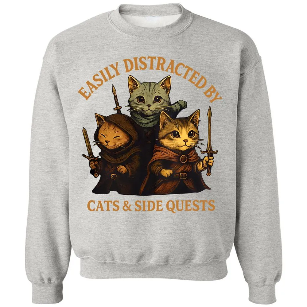 Easily Distracted By Cats & Side Quests Classic Unisex Sweatshirt - Ash - 8