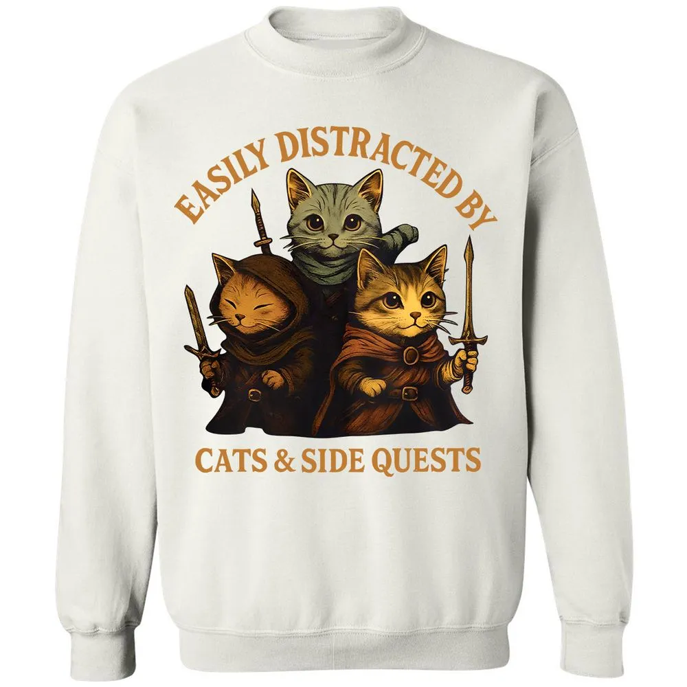 Easily Distracted By Cats & Side Quests Classic Unisex Sweatshirt - White - 12