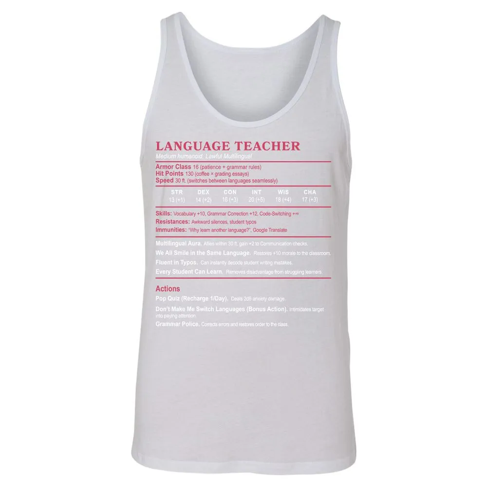 Language Teacher Unisex Jersey Tank - White - 14