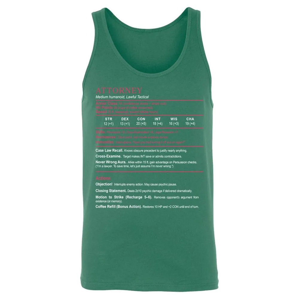 Attorney Unisex Jersey Tank - Kelly - 9
