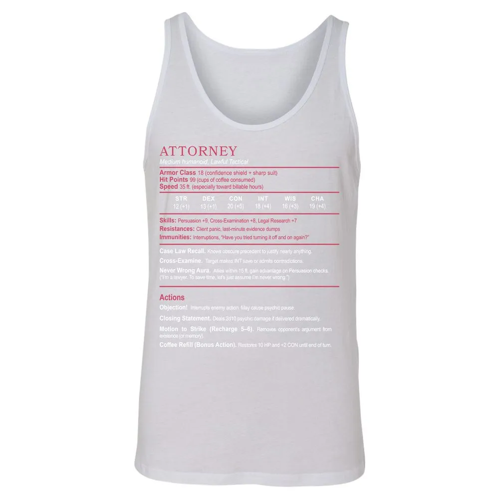 Attorney Unisex Jersey Tank - White - 14