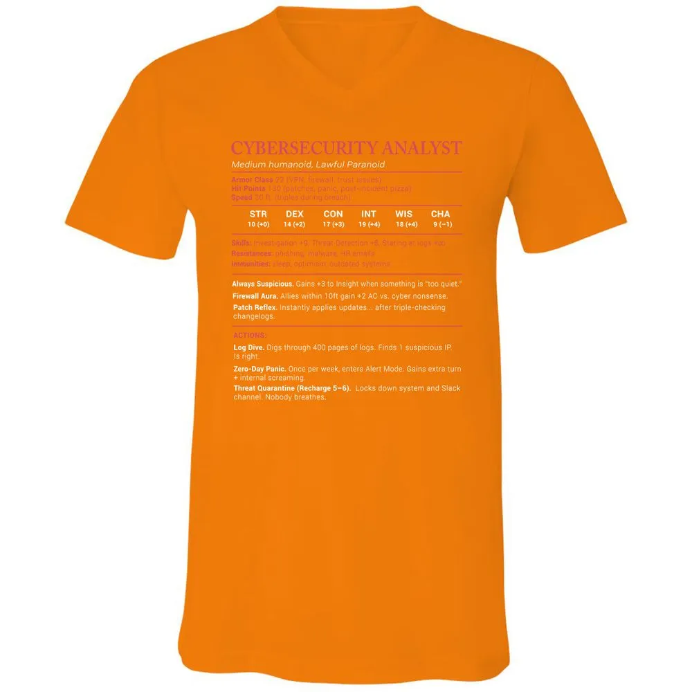 Cybersecurity Analyst Stats Unisex V-Neck T-Shirt - Orange - 11
