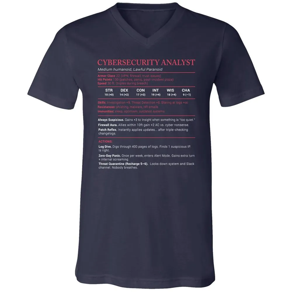 Cybersecurity Analyst Stats Unisex V-Neck T-Shirt - Navy - 2