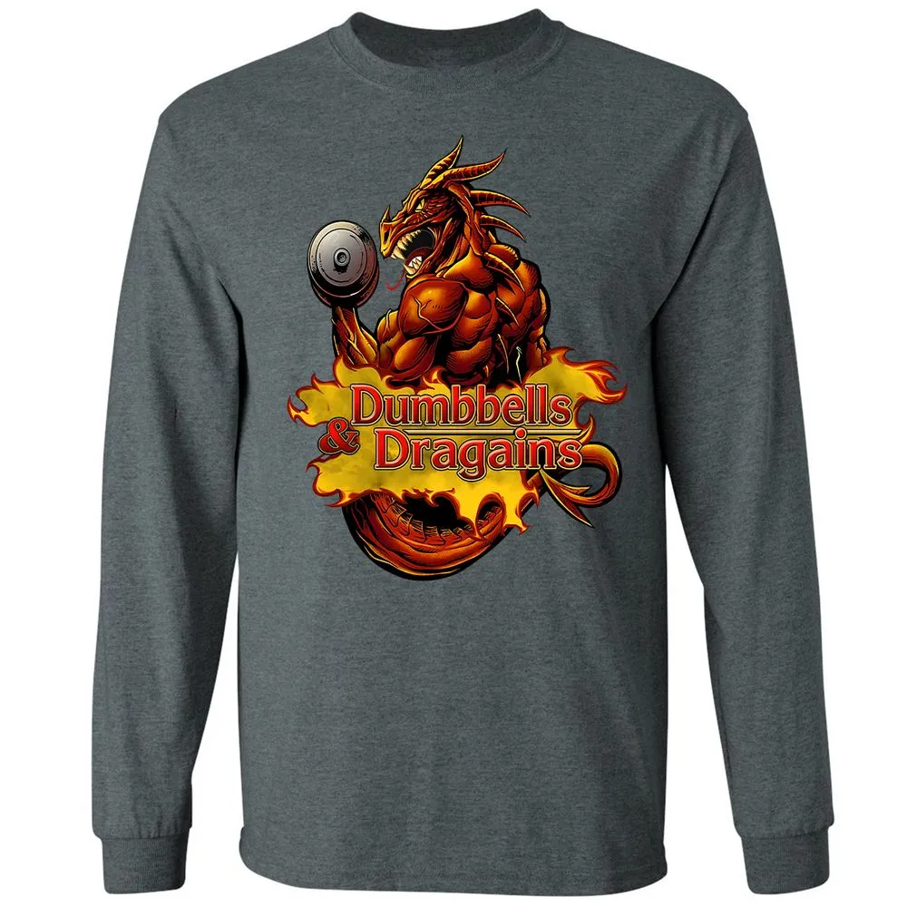 Dumbbells & Dragains Long Sleeve T-Shirt - Dark Heather - 15