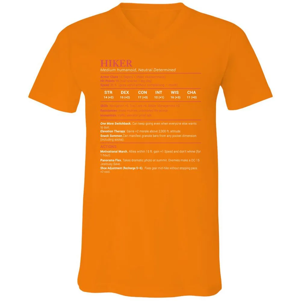 Hiker Stats Unisex V-Neck T-Shirt - Orange - 11