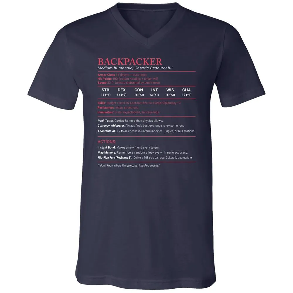 Backpacker Stats Unisex V-Neck T-Shirt - Navy - 2
