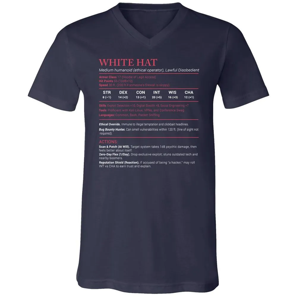 White Hat Stats Unisex V-Neck T-Shirt - Navy - 2