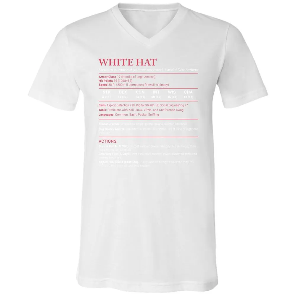 White Hat Stats Unisex V-Neck T-Shirt - White - 5
