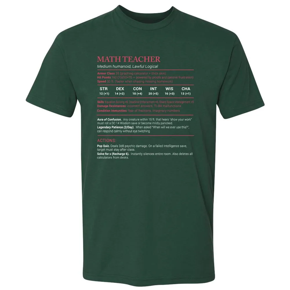 Math Teacher Stats Premium Unisex T-Shirt - Forest Green - 13