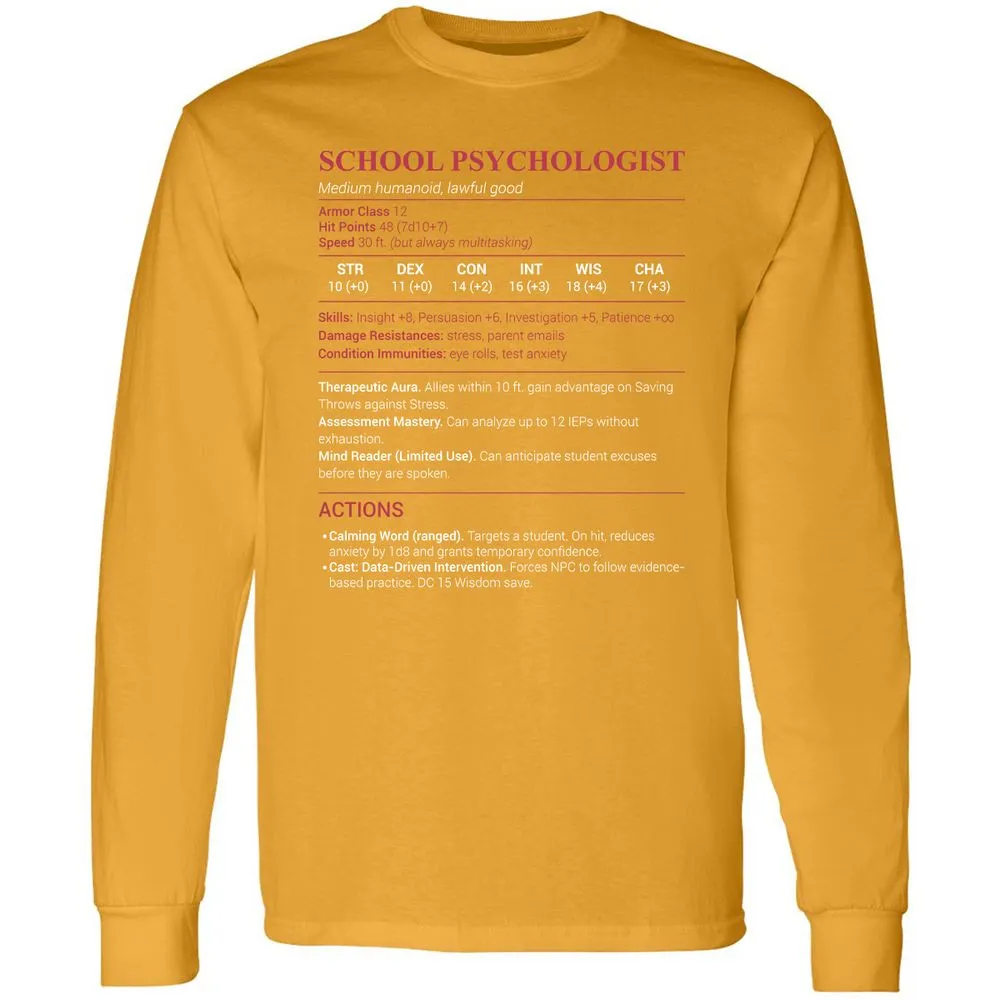 School Psychologist Long Sleeve T-Shirt - Gold - 9