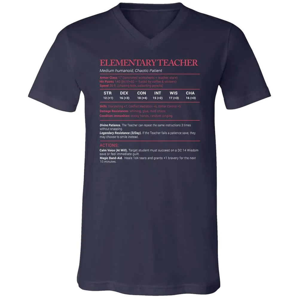 Elementary Teacher Stats Unisex V-Neck T-Shirt - Navy - 2