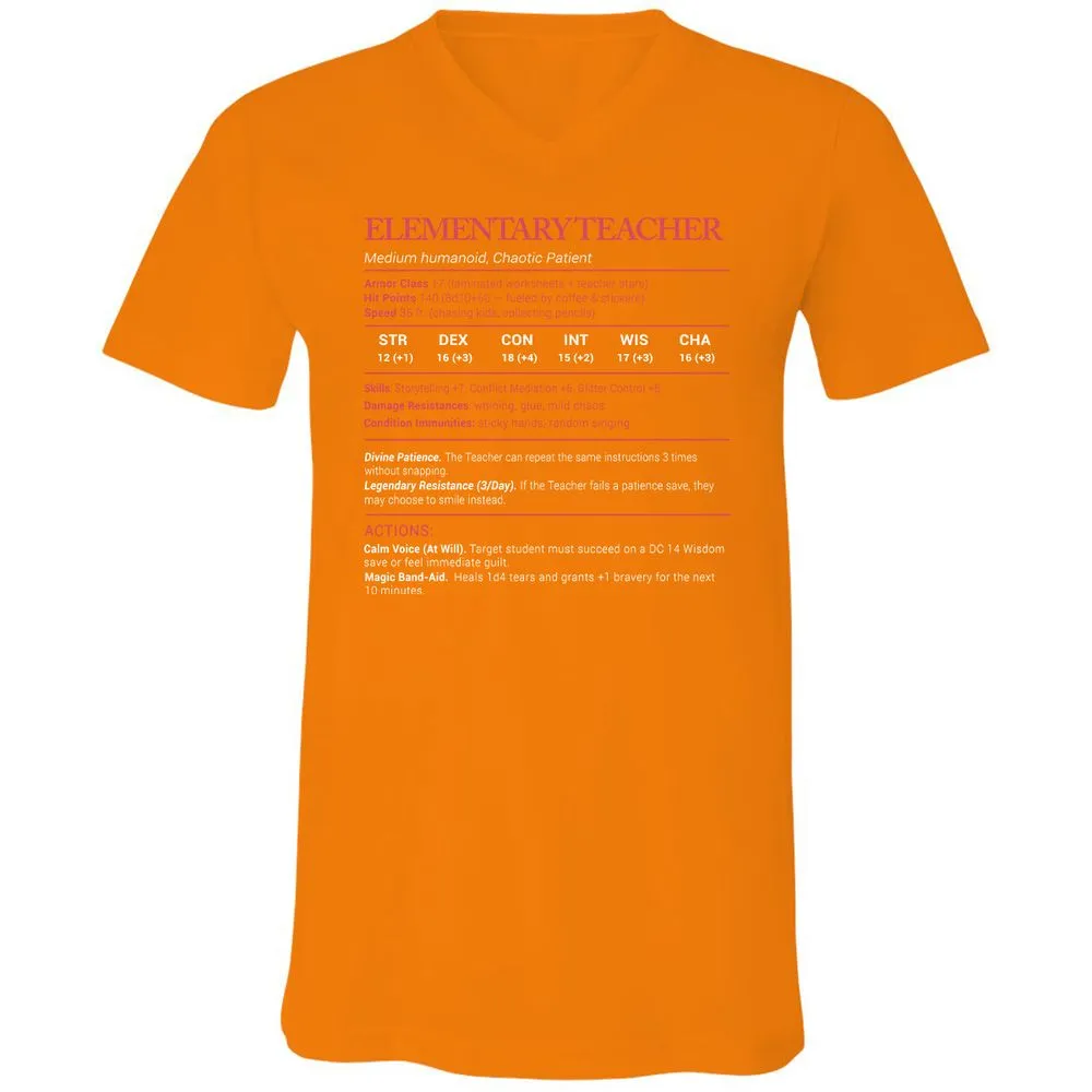 Elementary Teacher Stats Unisex V-Neck T-Shirt - Orange - 11