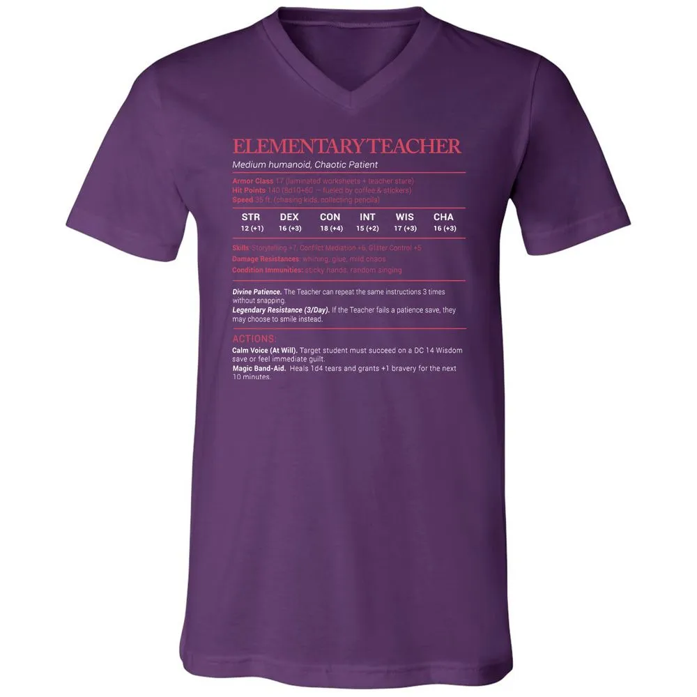 Elementary Teacher Stats Unisex V-Neck T-Shirt - Team Purple - 9