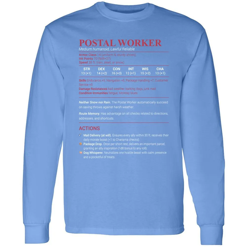 Postal Worker Long Sleeve T-Shirt - Carolina Blue - 12