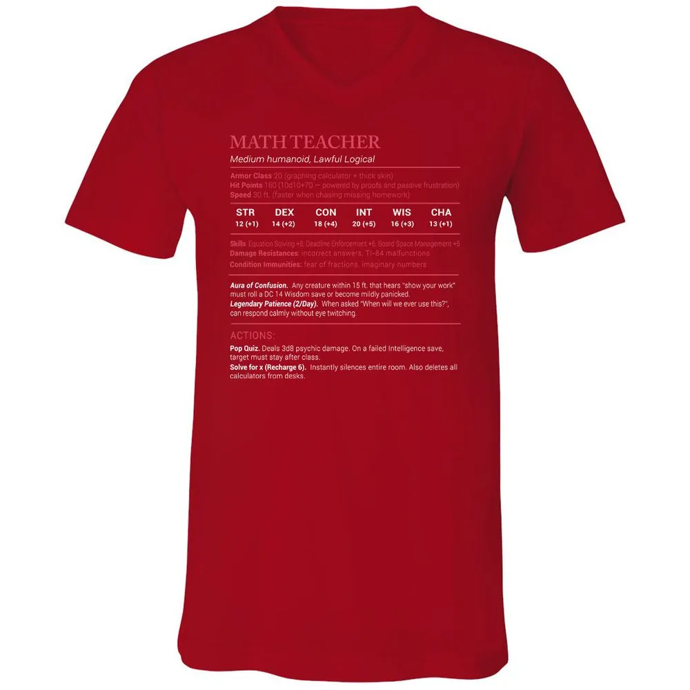 Math Teacher Stats Unisex V-Neck T-Shirt - Red - 3