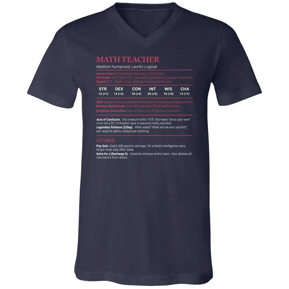 Math Teacher Stats Unisex V-Neck T-Shirt - Navy - 2