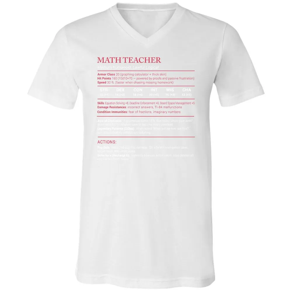 Math Teacher Stats Unisex V-Neck T-Shirt - White - 5