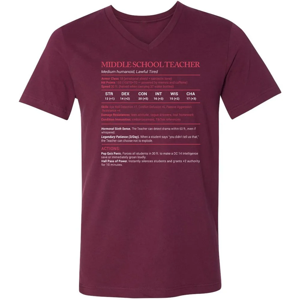 Middle School Teacher Stats Unisex V-Neck T-Shirt - Maroon - 6