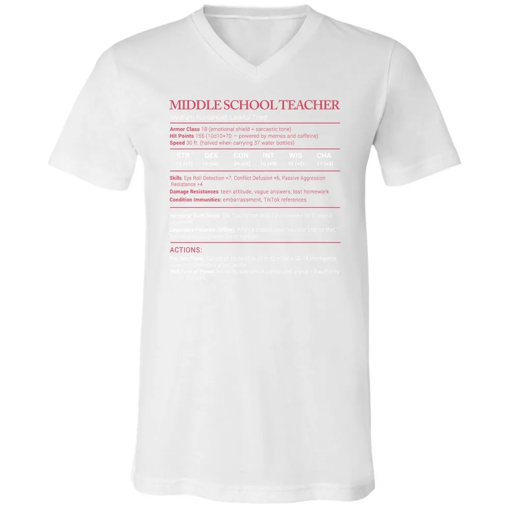 Middle School Teacher Stats Unisex V-Neck T-Shirt - White - 5