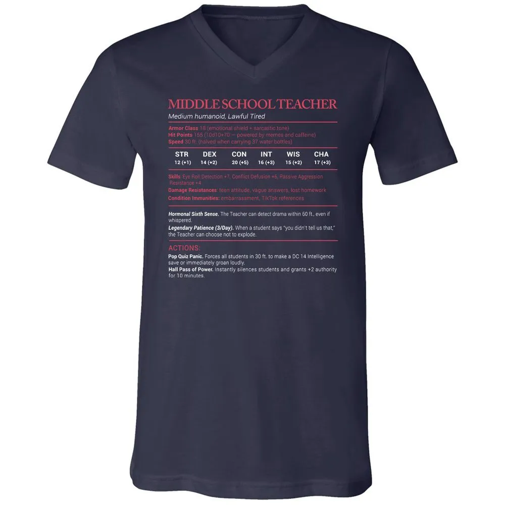Middle School Teacher Stats Unisex V-Neck T-Shirt - Navy - 2