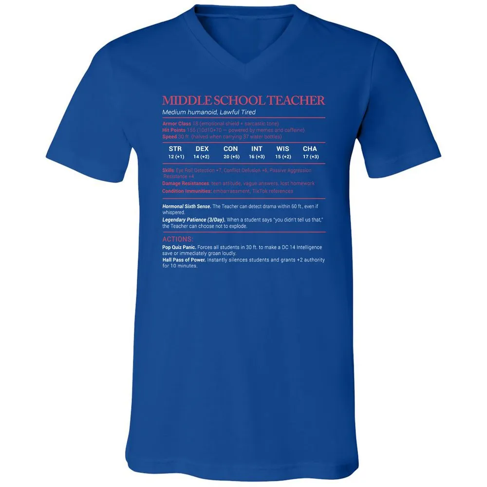 Middle School Teacher Stats Unisex V-Neck T-Shirt - True Royal - 4