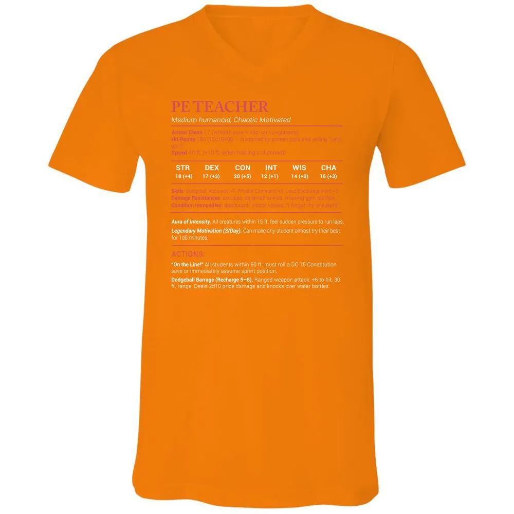 PE Teacher Stats Unisex V-Neck T-Shirt - Orange - 11